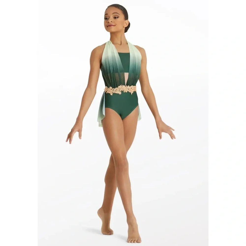 Weissman Elite | Lifelines Green White Ombre Mesh Halter Leotard Skirt, LC